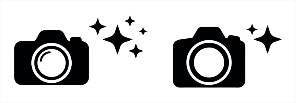 Minimalist black camera icons with sparkle effects for photography and digital media design