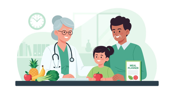 Doctor advises healthy eating to father and daughter.