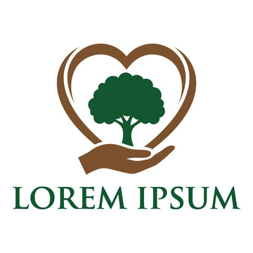 Tree in heart shape with hand and green text on white background icon