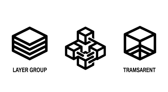 Set of three 3D layer group and transparent box icons for UI design with transparent interface software development structure management organization computer application technical isometric