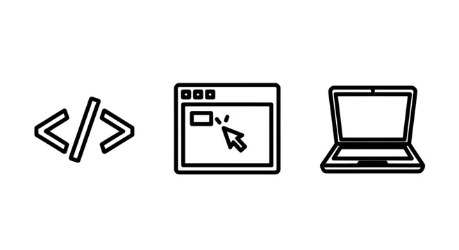 Set of computer and programming icons including code brackets browser laptop with computer programming development interface software technology internet notebook application information