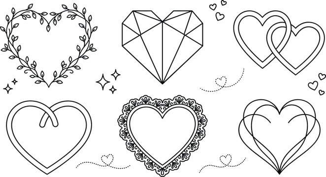 Heart shape icon set with geometric diamond floral wreath interlocking loops and lace borders for love concepts outline