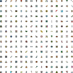 Fototapeta premium Large collection of diverse outline icons and symbols representing objects, people, animals, technology, food, tools, nature, and abstract concepts on a white background