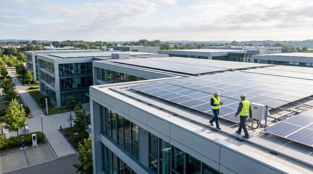 Engineers inspecting large solar panel array on modern office building rooftop, illustrating commercial photovoltaic system maintenance, facility management