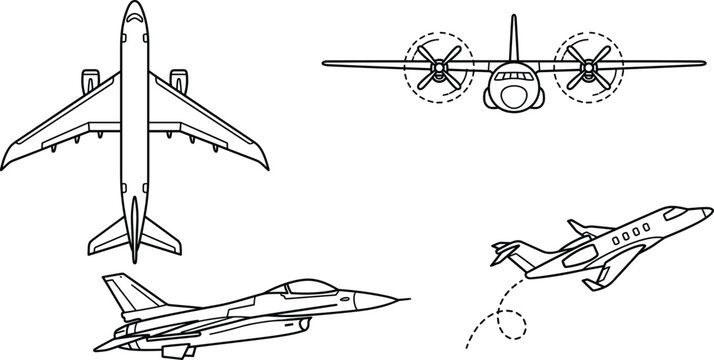Airplane vector line art icon set featuring commercial jet military fighter propeller aircraft and private plane