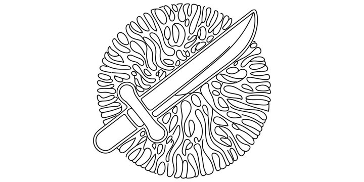 A sharp metal sword icon placed on top of a round circular pattern with flowing organic lines and abstract shapes Vector, illustration