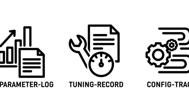 Digital technology icons set for configuration tracking parameter log and tuning record with parameter configuration tracking document settings optimization analytics business technical