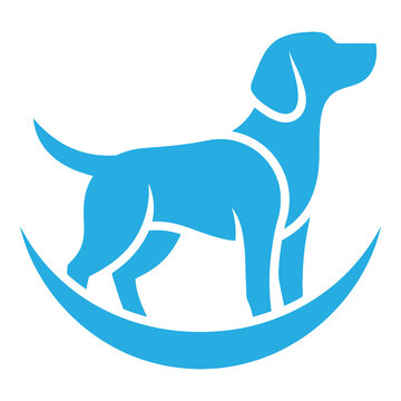Blue silhouette of dog standing on crescent shape isolated on white background icon