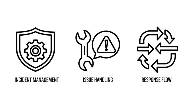 Incident management and issue handling icons with response flow diagram incident management handling response triangle solution corporate workflow technical business operations maintenance