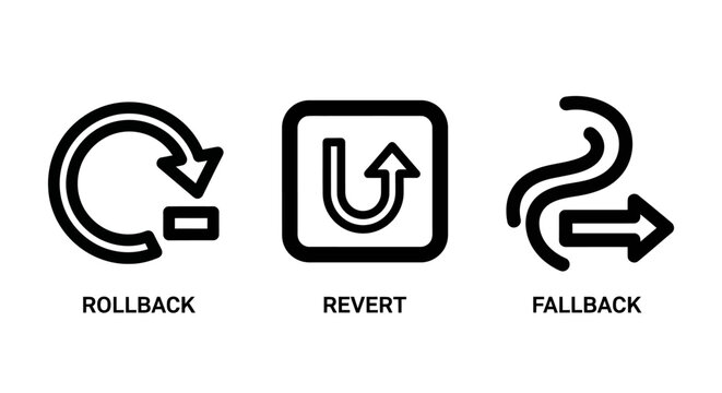 Set of computer software development icons including rollback revert and fallback operations with rollback fallback software development computing programming interface technical workflow
