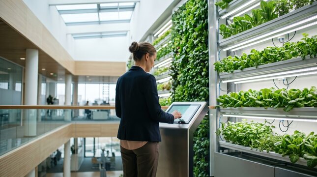 Woman using touchscreen kiosk to monitor automated vertical hydroponic farming system inside modern office building atrium, sustainable agriculture and smart technology concept.