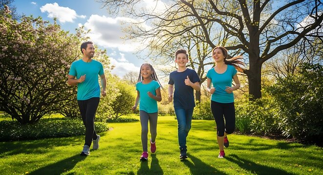 Family Jogging in Park on Sunny Day.