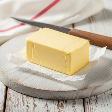 A fresh, creamy yellow block of butter sits on parchment paper next to a knife and kitchen towel on a rustic white wooden surface, ready for baking and cooking.