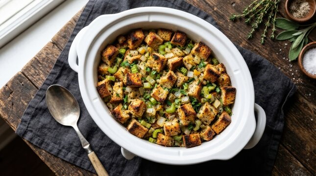 Golden brown baked bread stuffing with savory herbs and vegetables served in a white casserole dish