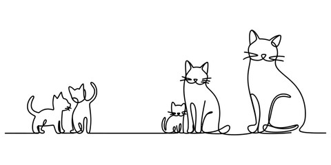 Continuous single line drawing of a family of cats with kittens standing and sitting in a simple minimalist style Vector, illustration © Single Outline 