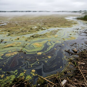 Swamp Ecosystem with Algae and Vegetation.