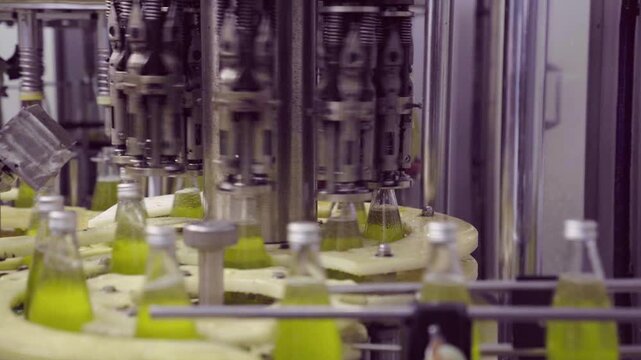 Industrial automated juice bottling and capping process in plant