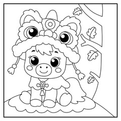 Obraz premium Cute horse coloring page wearing lion dance costume. Chinese New Year celebration vector for kids