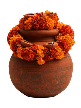 Clay Pot Decorated with Marigold Flowers and Diyas