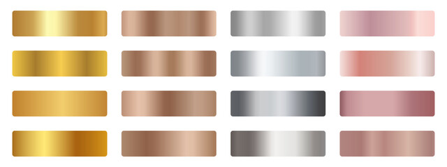 Fototapeta na wymiar Gold, copper, silver, rose gold gradient swatch set. Brushed foil shades, light to dark horizontal bands. For badge, label, ribbon, frame, banner. Vector metallic texture palette.