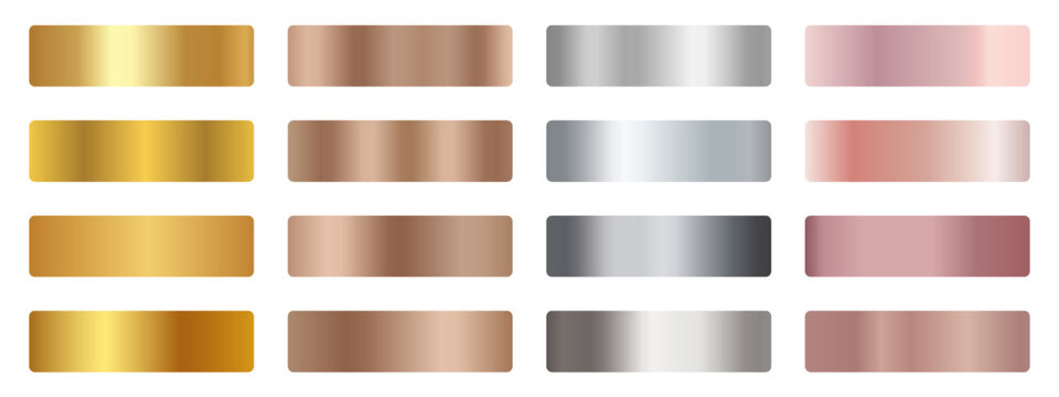 Gold, copper, silver, rose gold gradient swatch set. Brushed foil shades, light to dark horizontal bands. For badge, label, ribbon, frame, banner. Vector metallic texture palette.