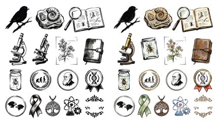 Collection of Vintage Science and Nature Icons, Including Fossils, Microscopes, and Botanical Illustrations. © Renald