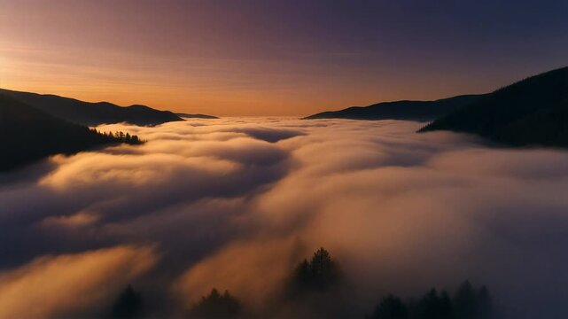 Sunrise over a foggy mountain landscape.