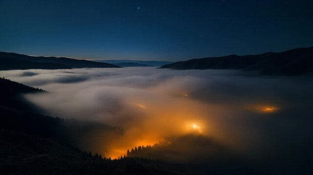 Nighttime landscape with fog and lights.