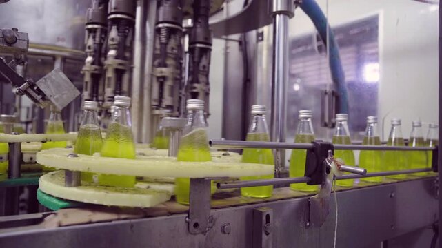 Industrial automated juice bottling and capping process in plant
