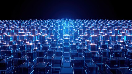 Fototapeta premium Vast grid composed luminous blue cubes. Digital landscape evokes futuristic city, data stream, or virtual reality space.