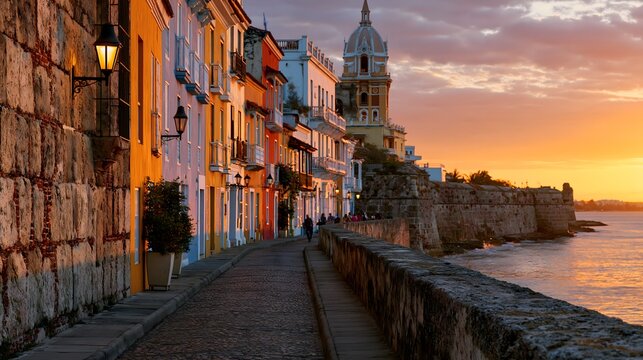 Golden Hour Over the Ramparts: Sunset Radiance Across the Historic Walled City of Cartagena
