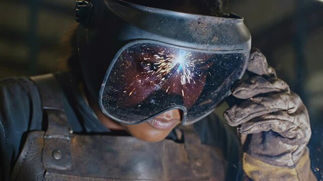 Worker grinding metal wearing protective mask close-up, sparks flying in workshop environment showing industrial process, manual labor, safety equipment and heavy industry production work