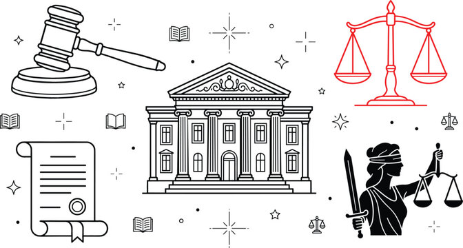 Law and justice icon set with courthouse building gavel scales certificate scroll and lady justice outline vector