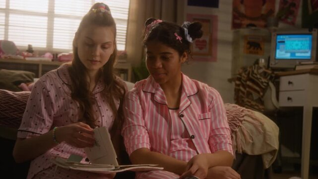 Caucasian and African American teenage girls sitting on floor, looking at old photos in scrapbook and reacting with surprise. Footage ideal for youth friendship and nostalgia marketing campaigns