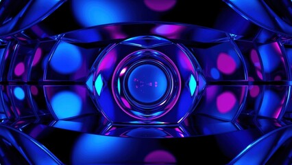 Fototapeta premium Abstract digital artwork. Glowing blue, purple shapes form tunnel, futuristic design. Reflections create depth, symmetry.