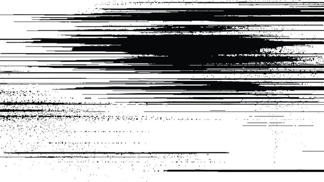 abstract black lines and scattered dots on white background forming dynamic digital distortion texture with motion effect