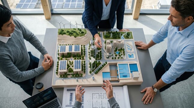 Business team discussing sustainable city model with solar panels and wind turbines, urban planning meeting, renewable energy concept, architectural design presentation