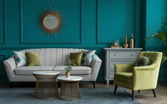 Modern Elegant Living Room Interior Featuring A Gray Sofa And Green Armchair With Teal Walls