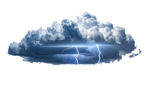 A highly detailed dark cumulonimbus thundercloud isolated on transparent background, dramatic electric lightning bolt striking downward, realistic cloud textures, weather icon