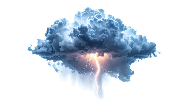 A highly detailed dark cumulonimbus thundercloud isolated on transparent background, dramatic electric lightning bolt striking downward, realistic cloud textures, weather icon.