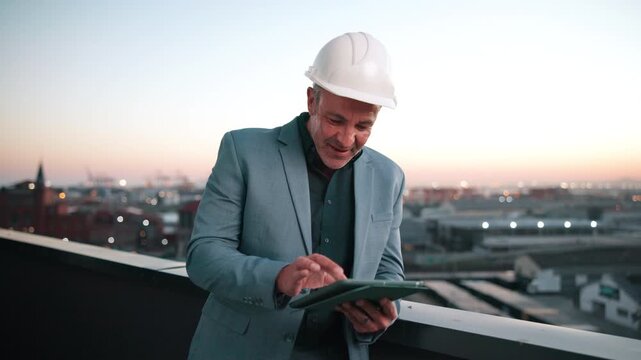 Property development, review or man on balcony with tablet, progress track or report on investment. Smile, space or mature architect with tech, evaluation or digital recording on building project.
