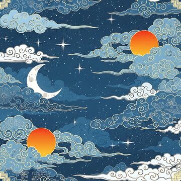 Stylized Night Sky with Crescent Moon and Sun Illustration.
