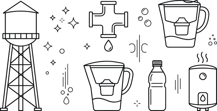 Water purification and supply icon set with tower filter pitcher pipe joint plastic bottle and boiler heater outline