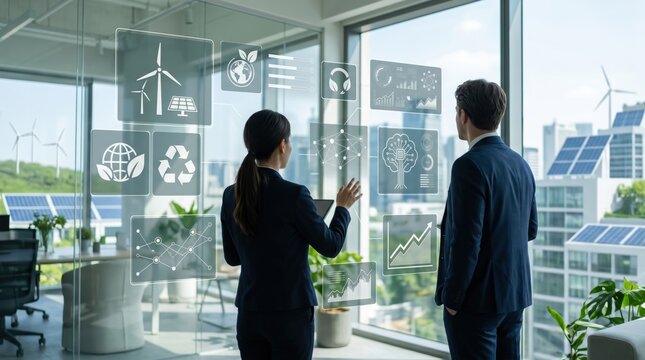 Business professionals analyzing renewable energy and sustainability data on a futuristic glass interface in a modern eco-friendly office building with solar panels and wind