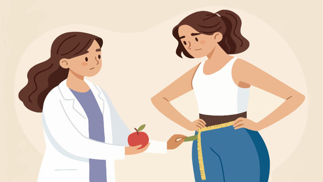 Nutritionist consulting woman measuring waist for weight loss plan with nutritionist consulting measuring healthcare consultation wellness nutrition lifestyle dietitian professional guidance