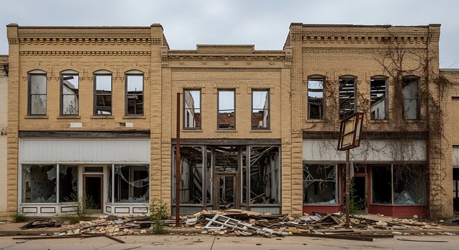 Damaged Historic Building Facade with Broken Windows and Debris.