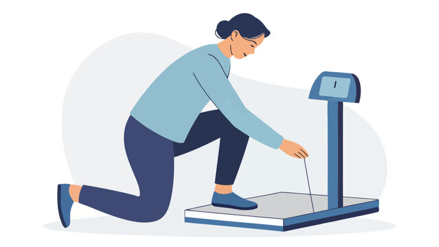 Woman using bathroom scale to measure body weight in flat illustration style with measurement lifestyle wellness weighing illustration character checking monitoring isolated standing