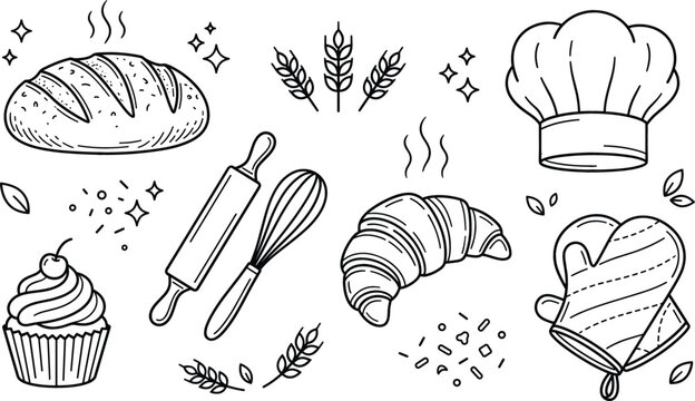 Bakery and baking icon set with bread loaf croissant cupcake rolling pin whisk wheat chef hat oven mitt