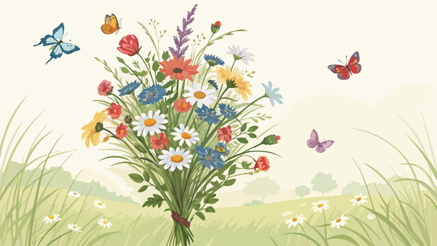 Hand painted wildflower bouquet in meadow with flying butterflies wildflowers watercolor blooming botanical painting colorful sunflower illustration landscape seasonal artistic