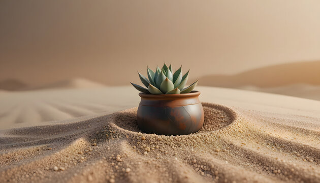 Succulent In Terracotta Container Buried In Desert Sand Dune Landscape Image